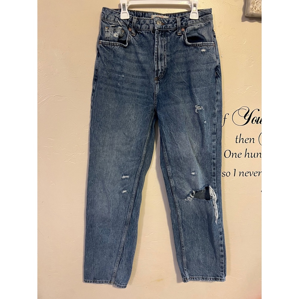 We The Free Free People Distressed High Rise Straight Leg Blue Jeans Size‎ 28